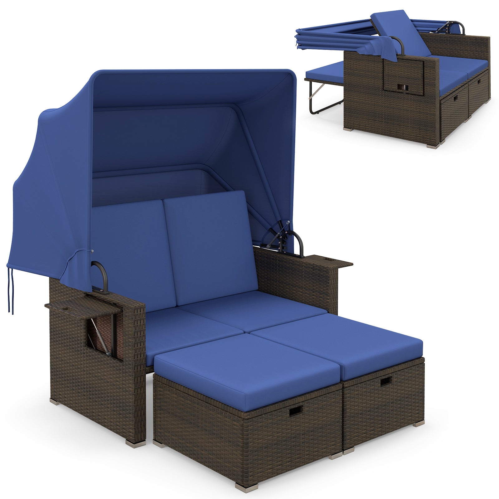 Outdoor Patio Rattan Daybed with Retractable Canopy and Adjustable Backrests-Beige - Navy