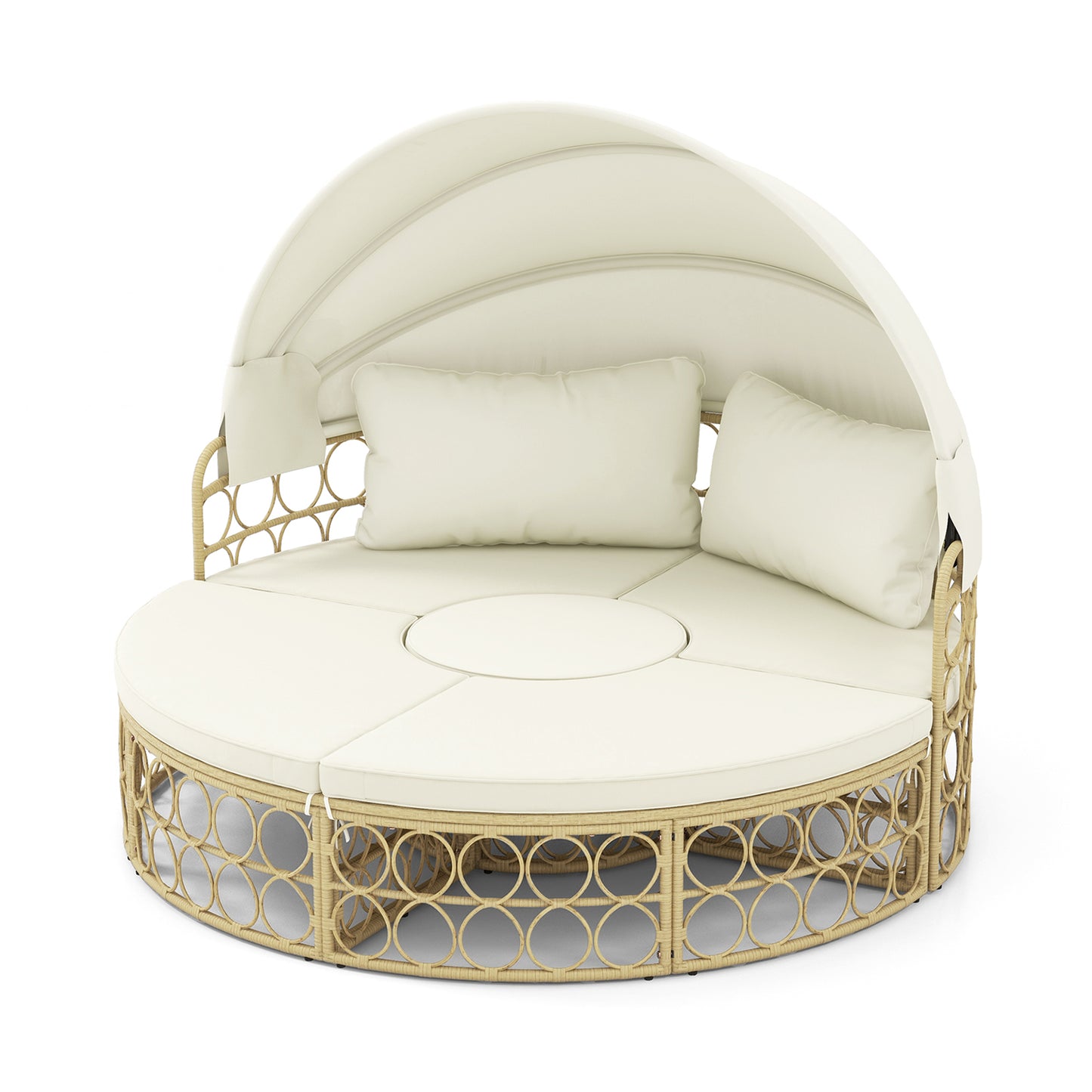 Outdoor Patio Round Daybed with Retractable Canopy and Soft Cushions-White