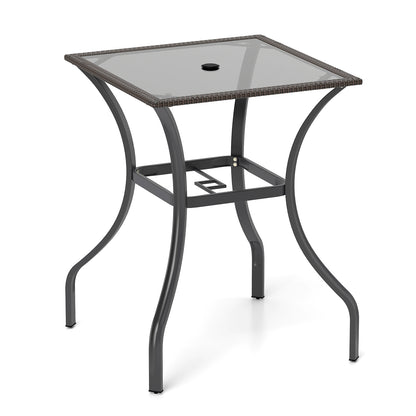 28.5 Inch Outdoor Patio Square Glass Top Table with Rattan Edging