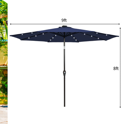 9 Feet Solar LED Lighted Patio Market Umbrella Tilt Adjustment Crank Lift
