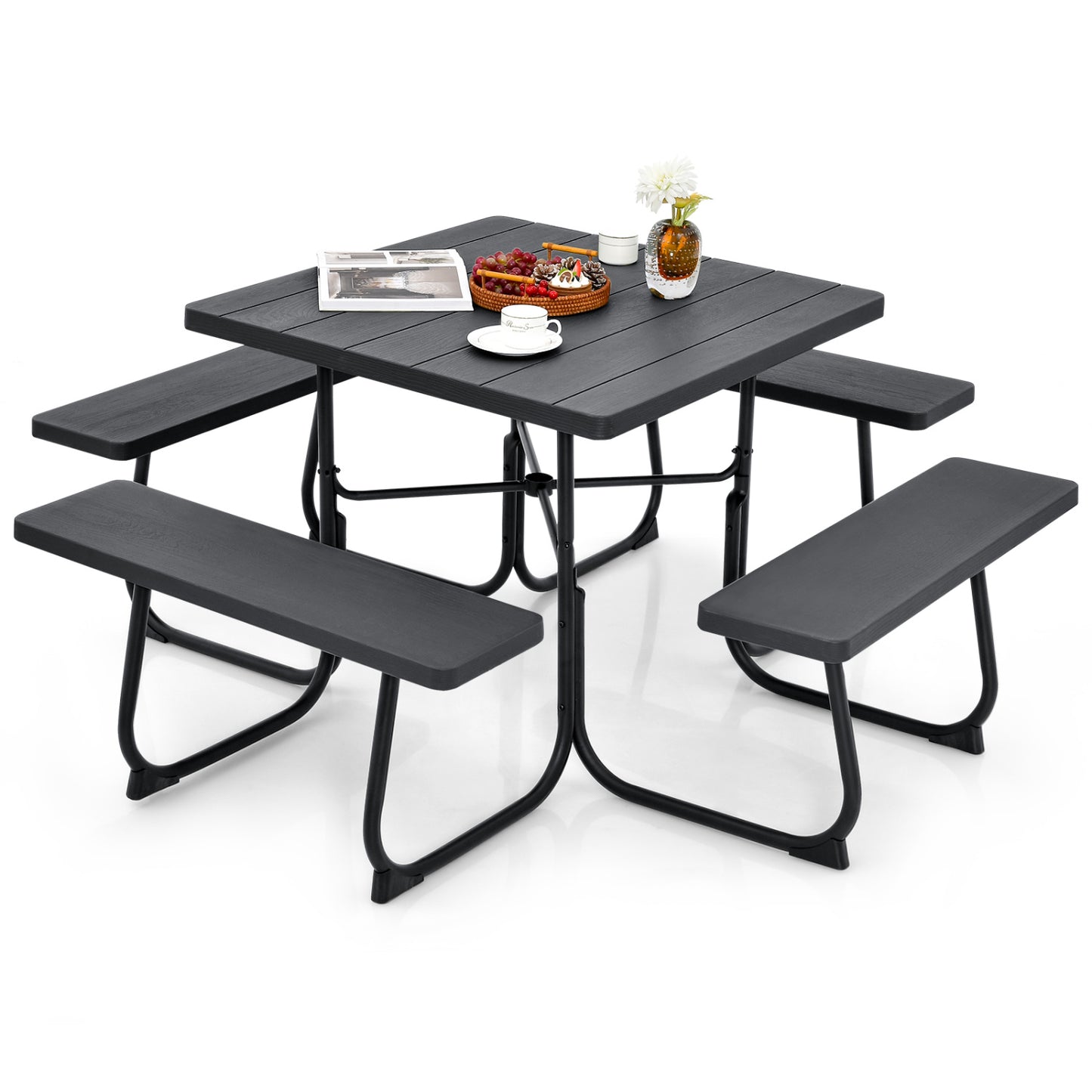 Outdoor Picnic Table with 4 Benches and Umbrella Hole-Black - Brown