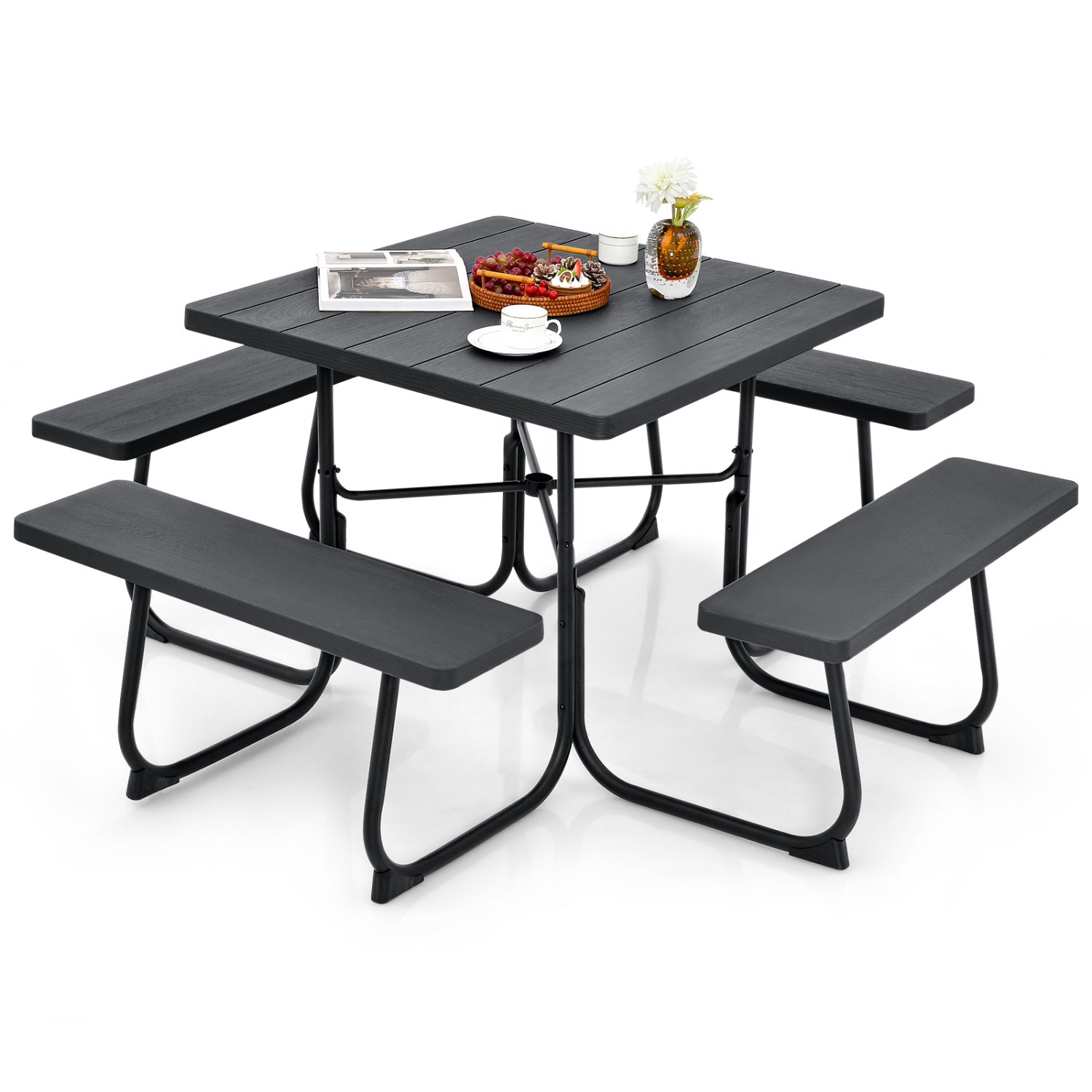 Outdoor Picnic Table with 4 Benches and Umbrella Hole-Black - Brown