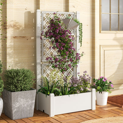 Outdoor Planter Box Self-Watering Raised Garden Bed Trellis with Water Level Indicator-Greyish-white