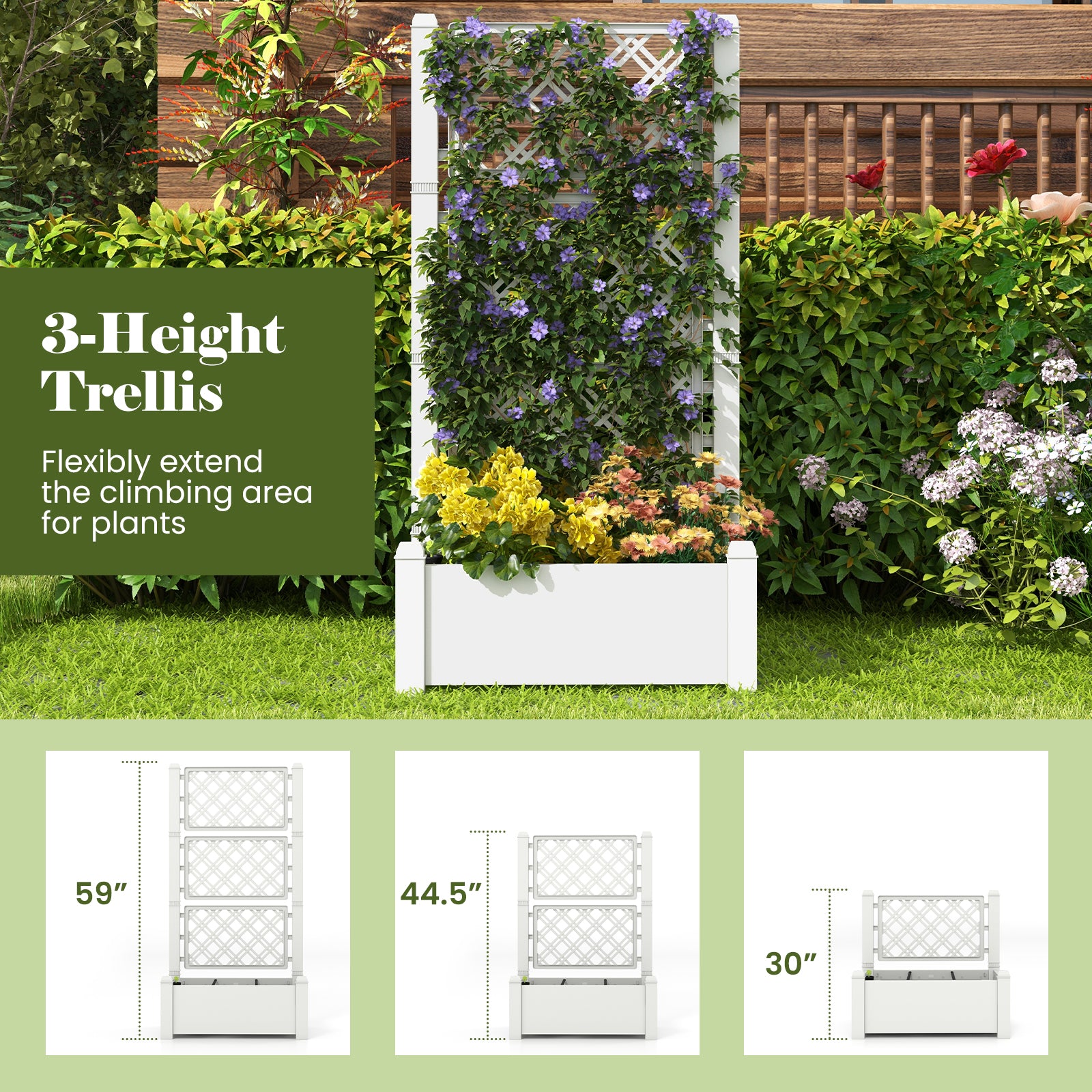 Outdoor Planter Box Self-Watering Raised Garden Bed Trellis with Water Level Indicator-Greyish-white