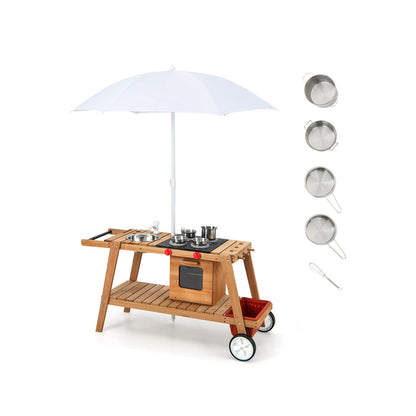 Wooden Play Cart with Sun Proof Umbrella for Toddlers Over 3 Years Old