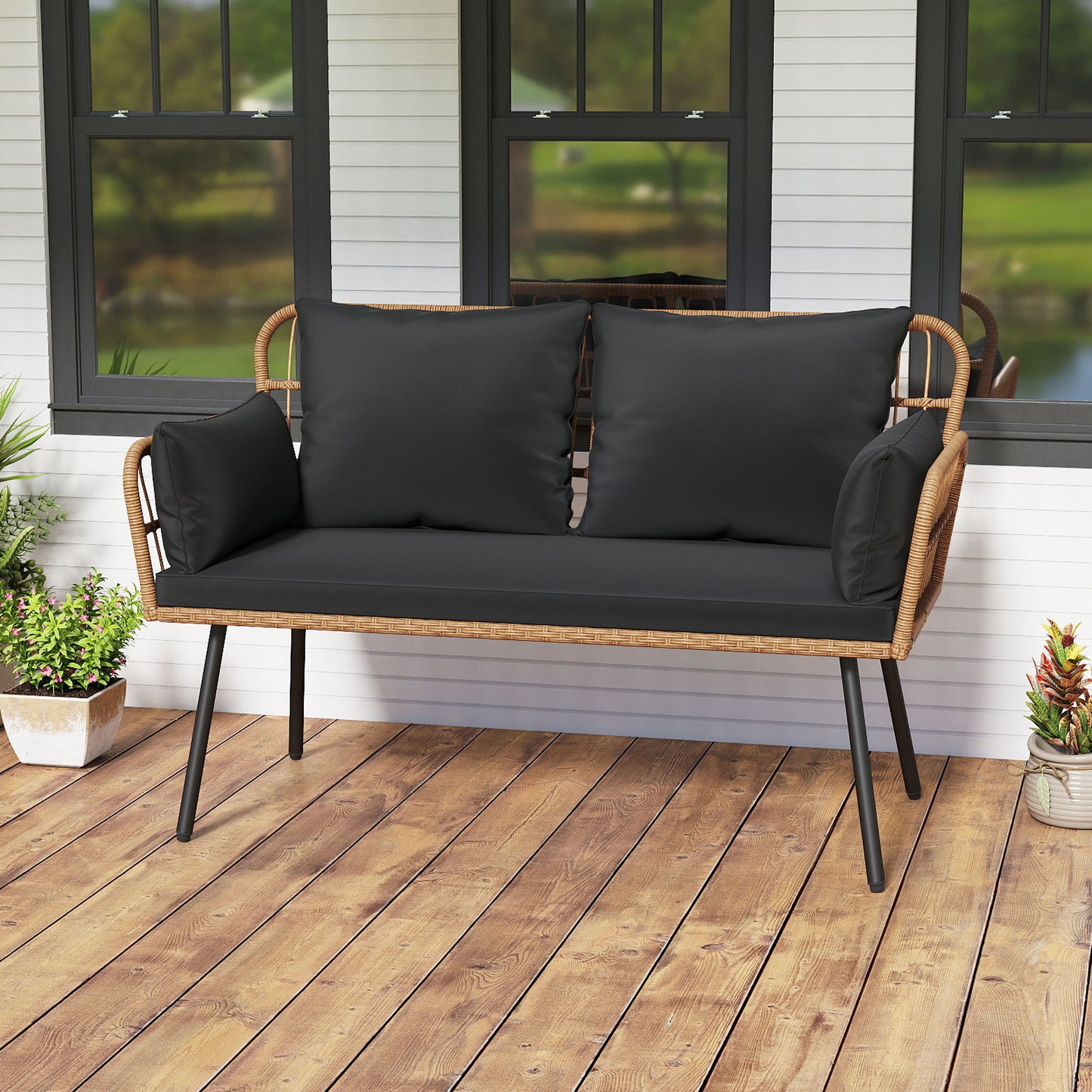 Outdoor Rattan 2-Seat Chair with Seat Back Cushions and Heavy-Duty Metal Legs-Black