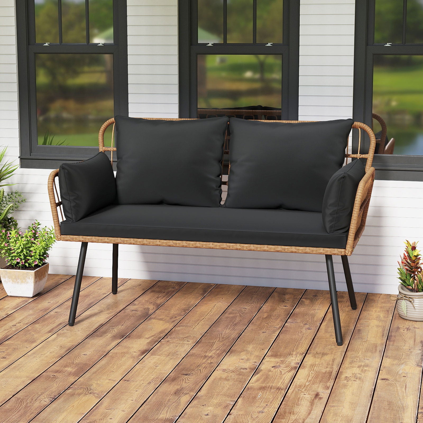 Outdoor Rattan 2-Seat Chair with Seat Back Cushions and Heavy-Duty Metal Legs-Black