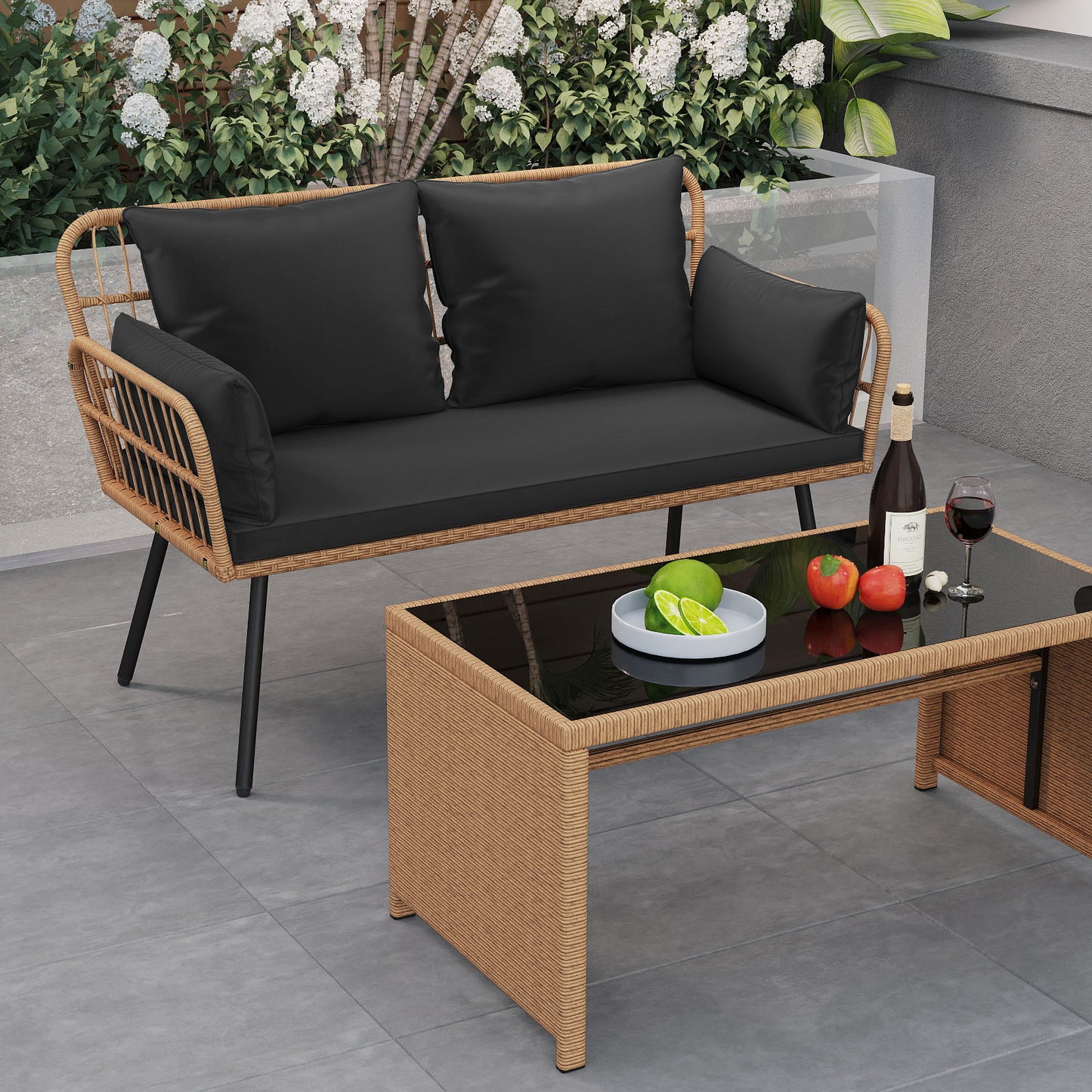 Outdoor Rattan 2-Seat Chair with Seat Back Cushions and Heavy-Duty Metal Legs-Black