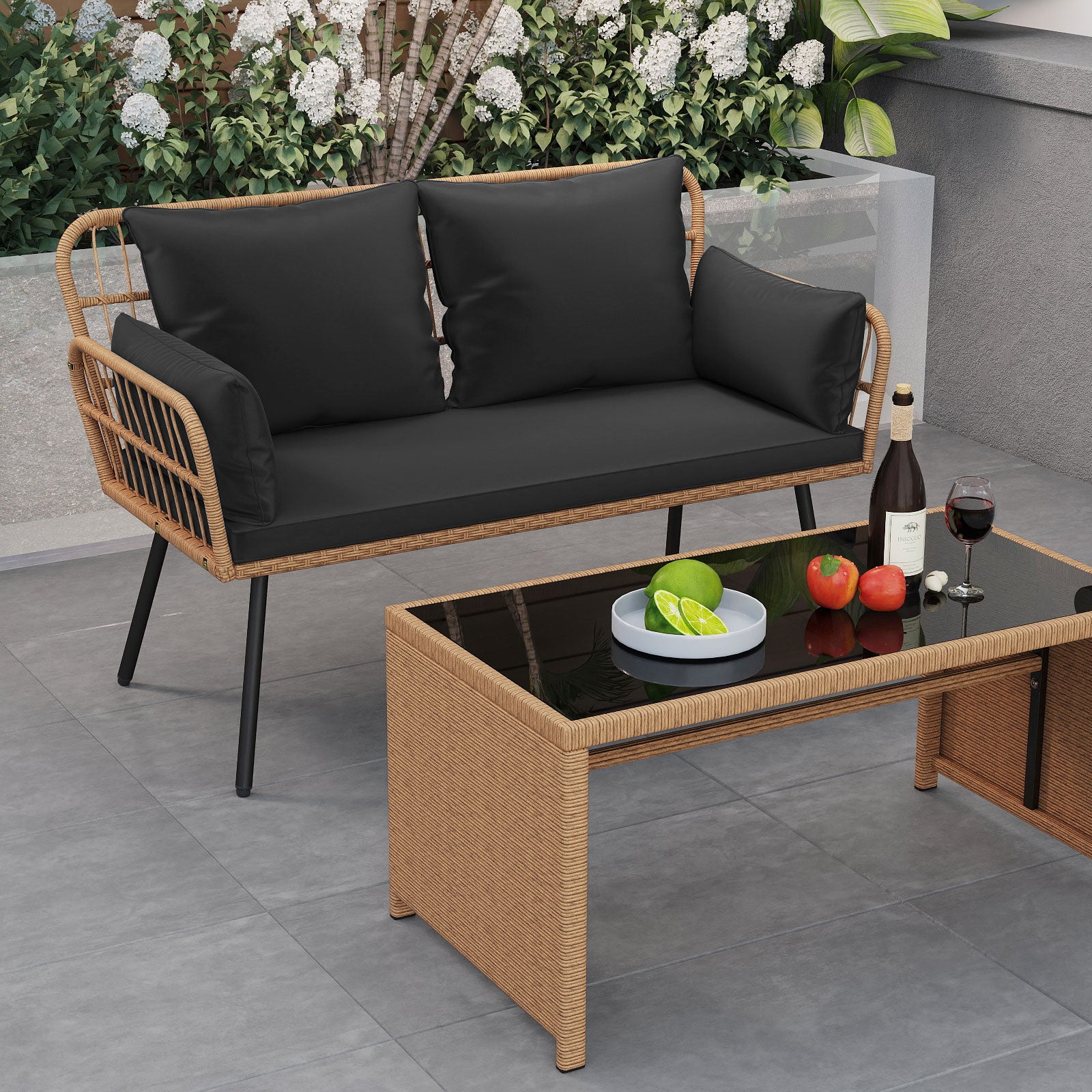 Outdoor Rattan 2-Seat Chair with Seat Back Cushions and Heavy-Duty Metal Legs-Black