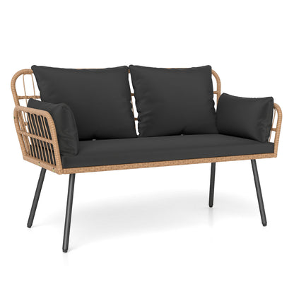 Outdoor Rattan 2-Seat Chair with Seat Back Cushions and Heavy-Duty Metal Legs-Black