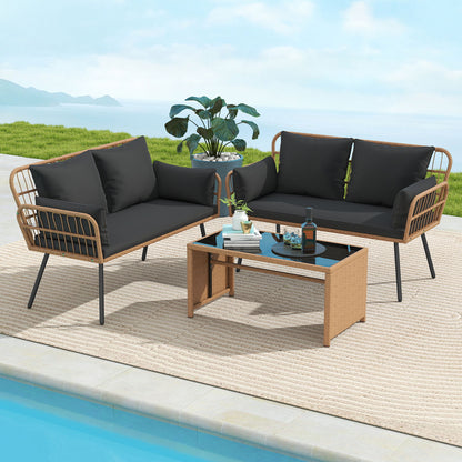Outdoor Rattan 2-Seat Chair with Seat Back Cushions and Heavy-Duty Metal Legs-Black