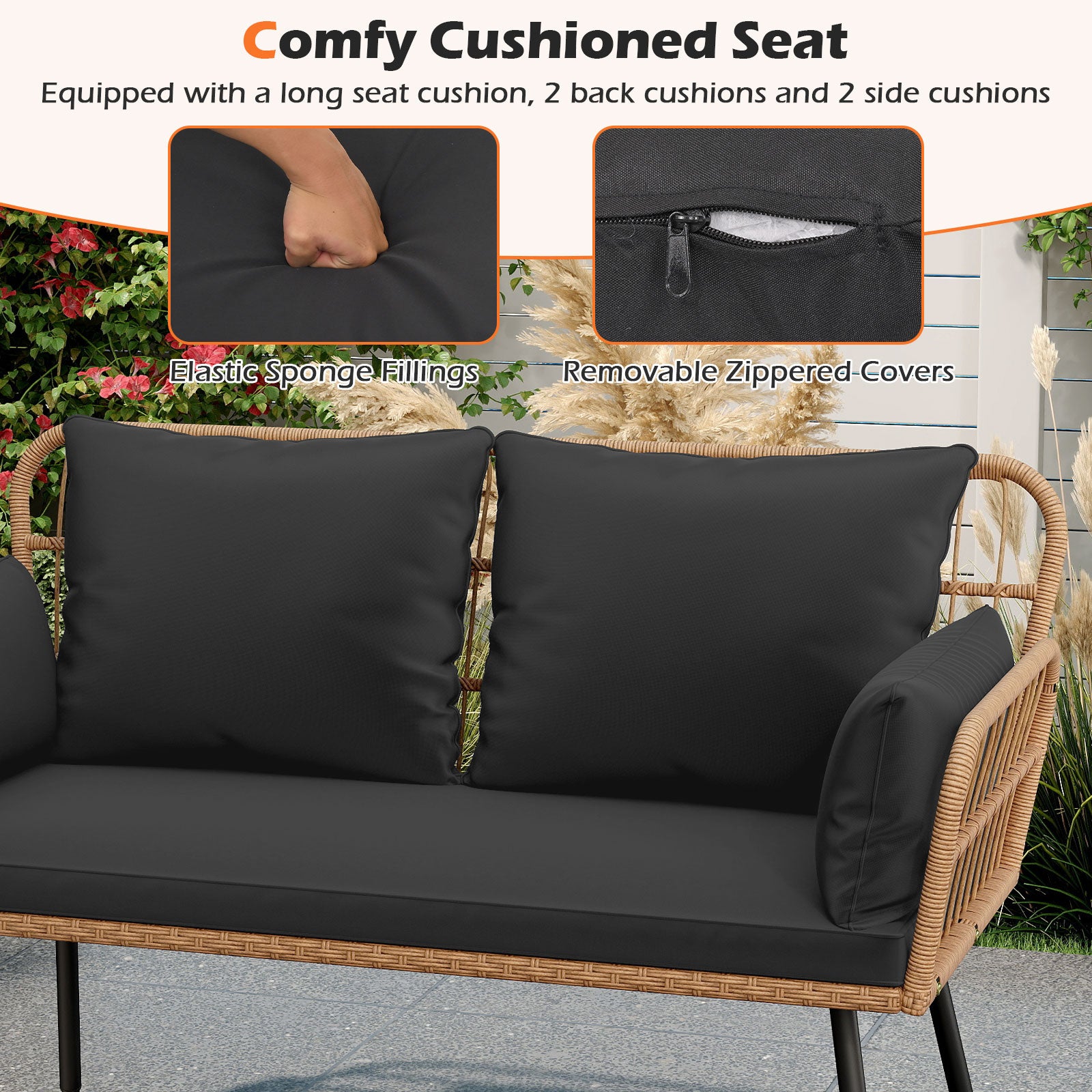 Outdoor Rattan 2-Seat Chair with Seat Back Cushions and Heavy-Duty Metal Legs-Black