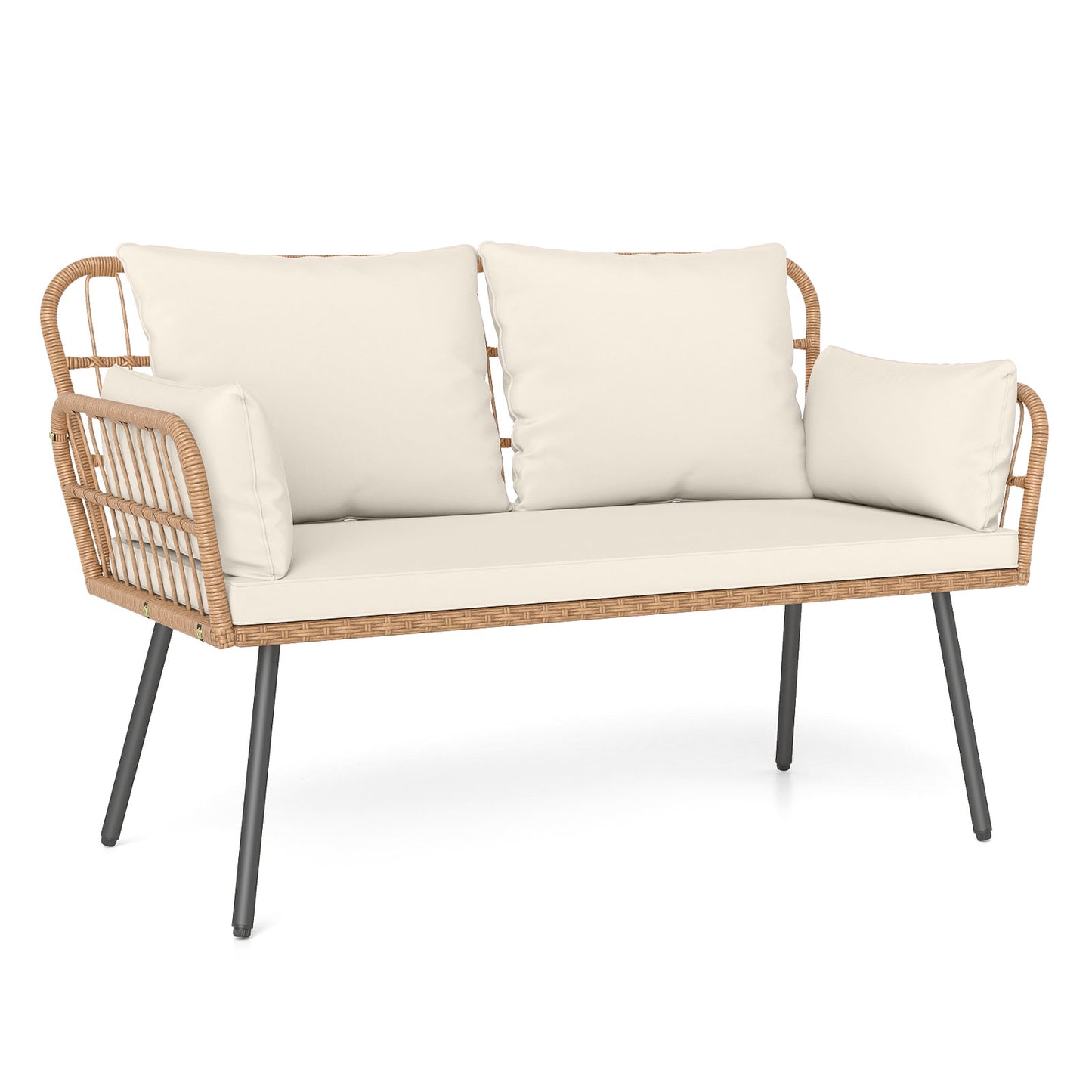 Outdoor Rattan 2-Seat Chair with Seat Back Cushions and Heavy-Duty Metal Legs-White