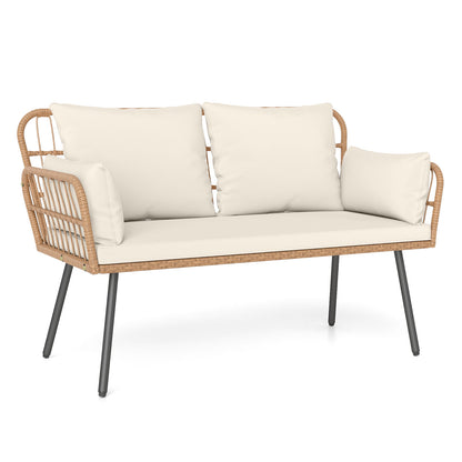 Outdoor Rattan 2-Seat Chair with Seat Back Cushions and Heavy-Duty Metal Legs-White