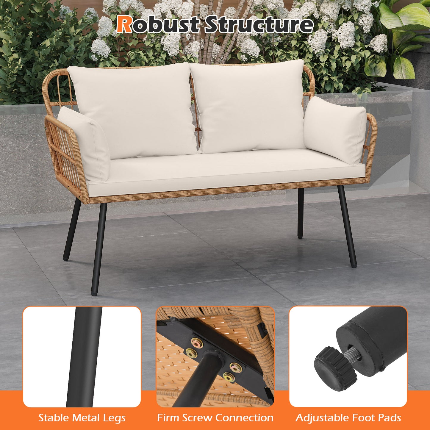 Outdoor Rattan 2-Seat Chair with Seat Back Cushions and Heavy-Duty Metal Legs-White