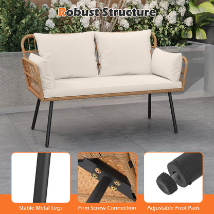 Outdoor Rattan 2-Seat Chair with Seat Back Cushions and Heavy-Duty Metal Legs-White