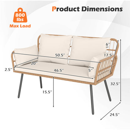 Outdoor Rattan 2-Seat Chair with Seat Back Cushions and Heavy-Duty Metal Legs-White
