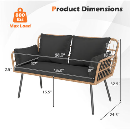 Outdoor Rattan 2-Seat Chair with Seat Back Cushions and Heavy-Duty Metal Legs-Black