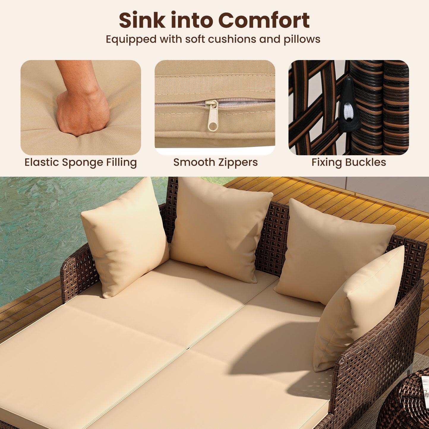 Outdoor Rattan Double Daybed Wicker Chaise Lounge-Brown