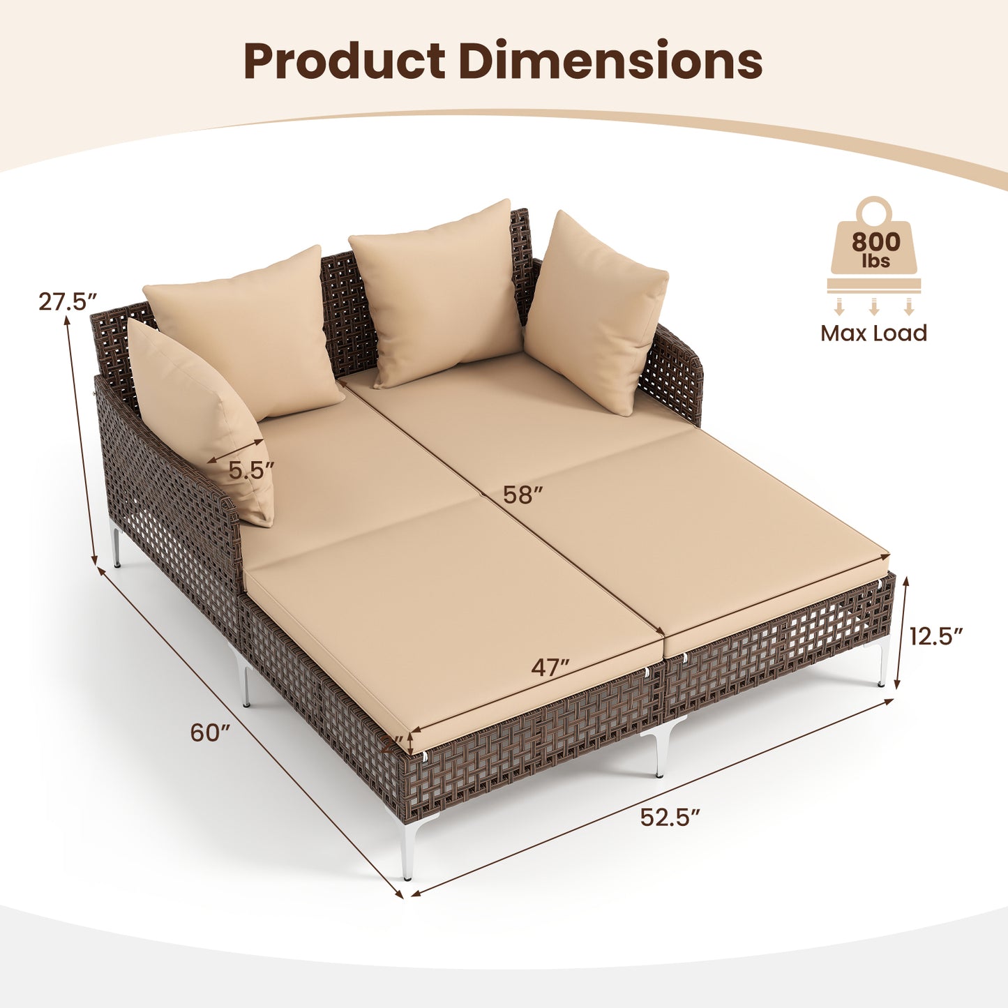 Outdoor Rattan Double Daybed Wicker Chaise Lounge-Brown