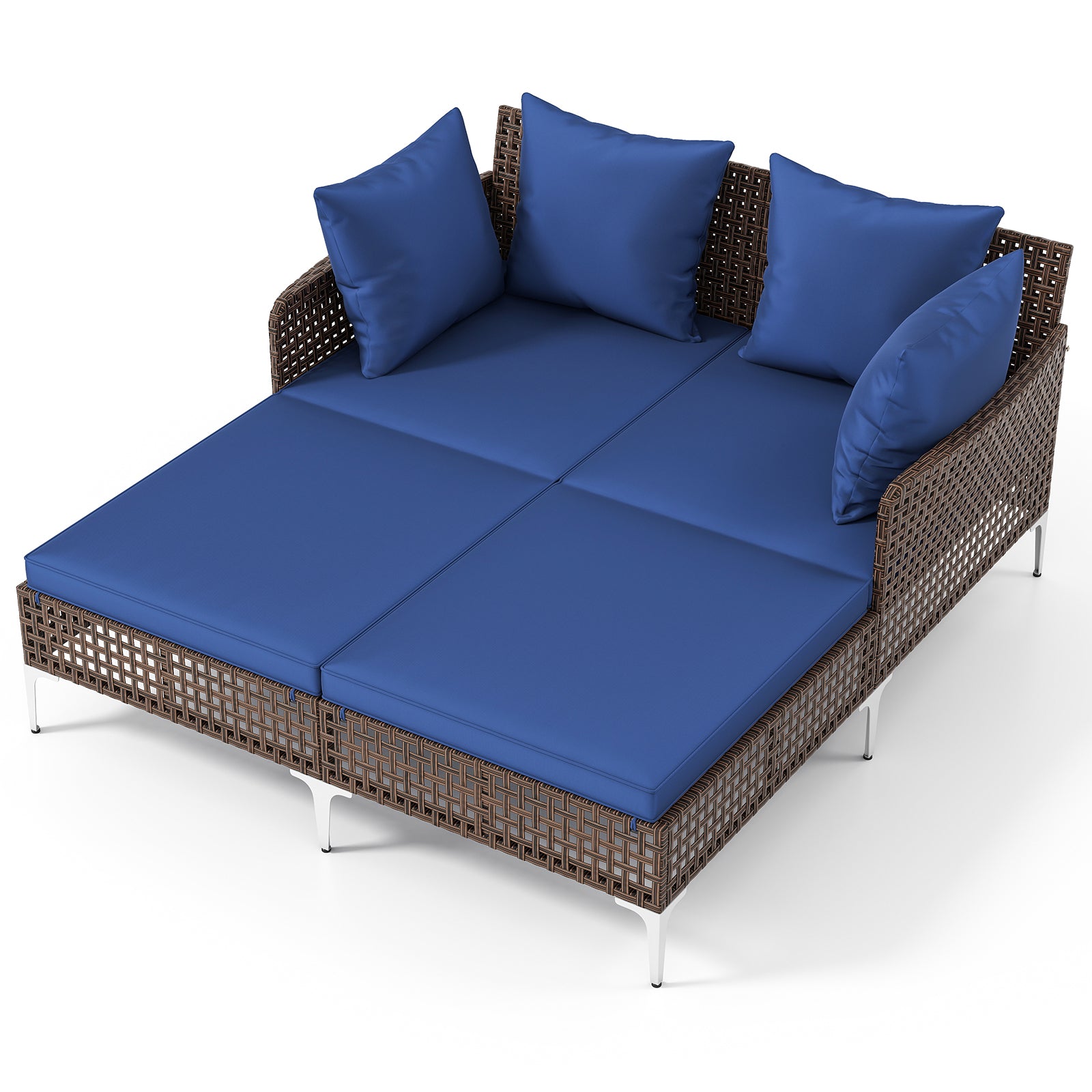 Outdoor Rattan Double Daybed Wicker Chaise Lounge-Navy