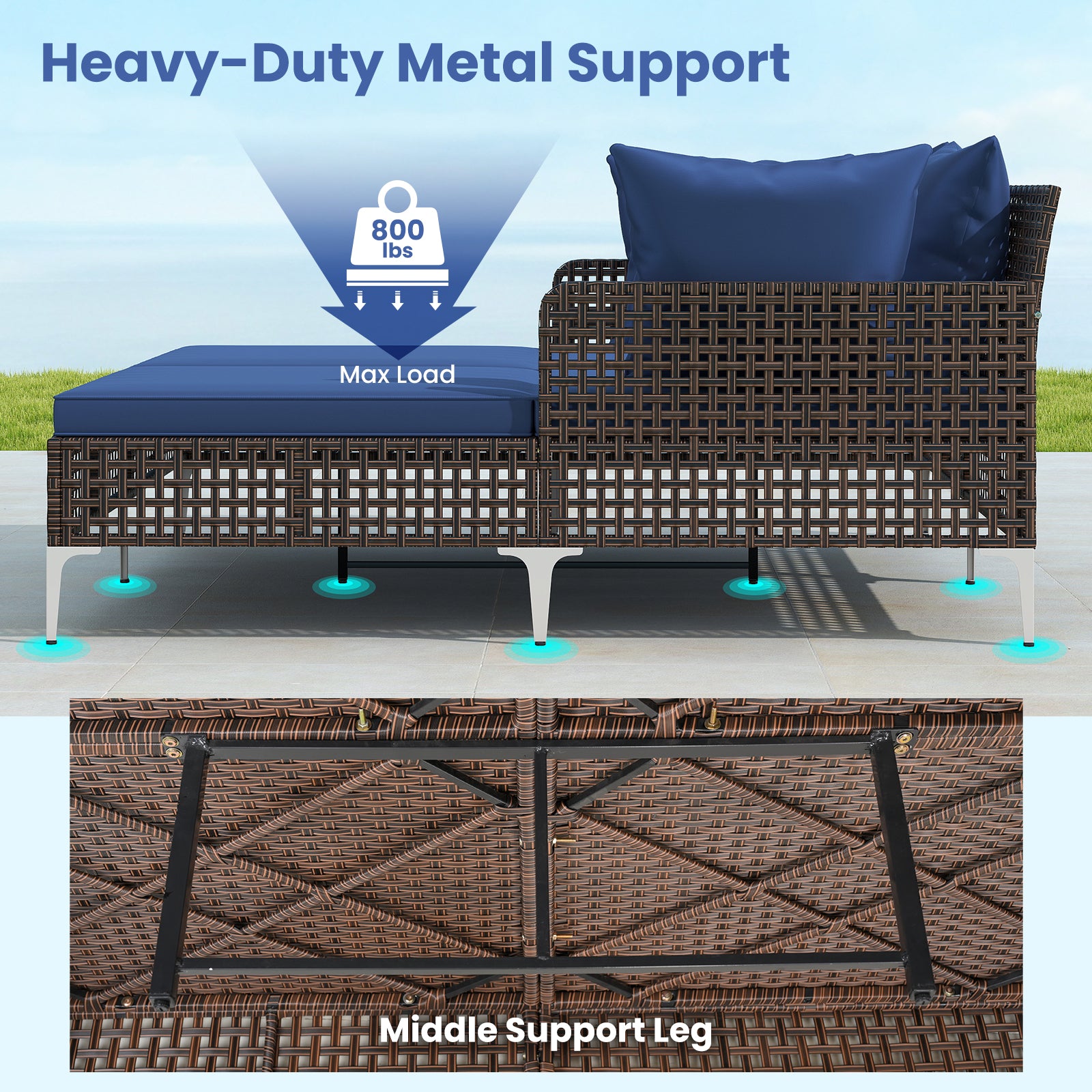 Outdoor Rattan Double Daybed Wicker Chaise Lounge-Navy