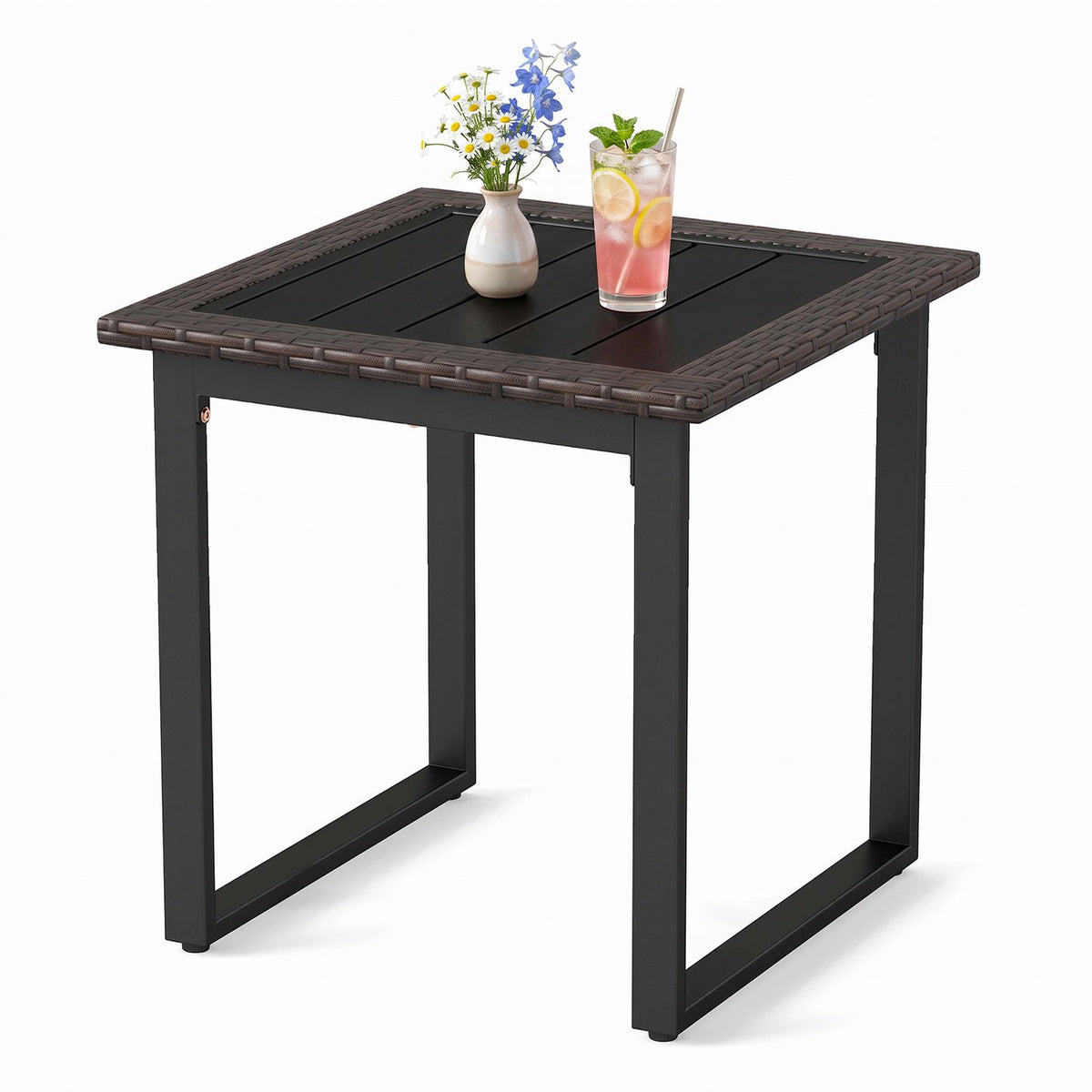 Outdoor Rattan Side Table with Slatted Tabletop and PE Rattan Finish