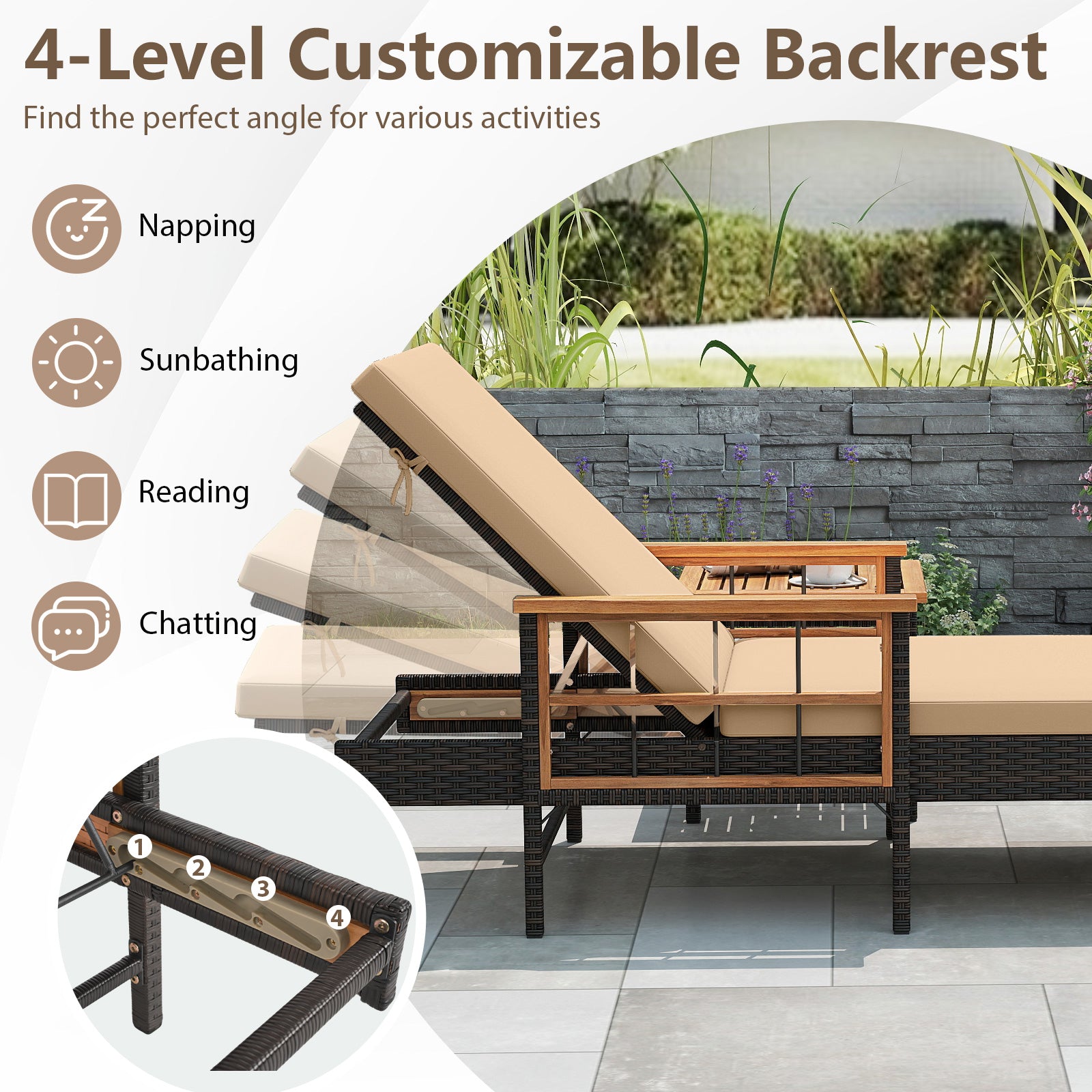 Outdoor Reclining Lounger Chair with 4-Level Adjustable Backrest-Beige