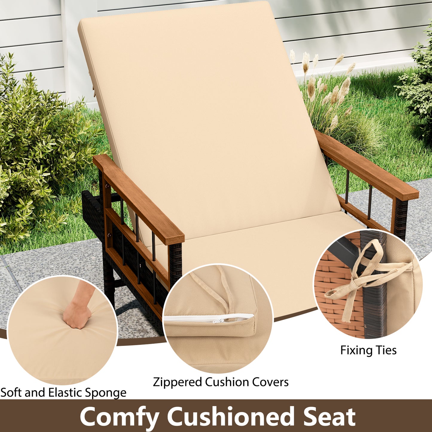 Outdoor Reclining Lounger Chair with 4-Level Adjustable Backrest-Beige