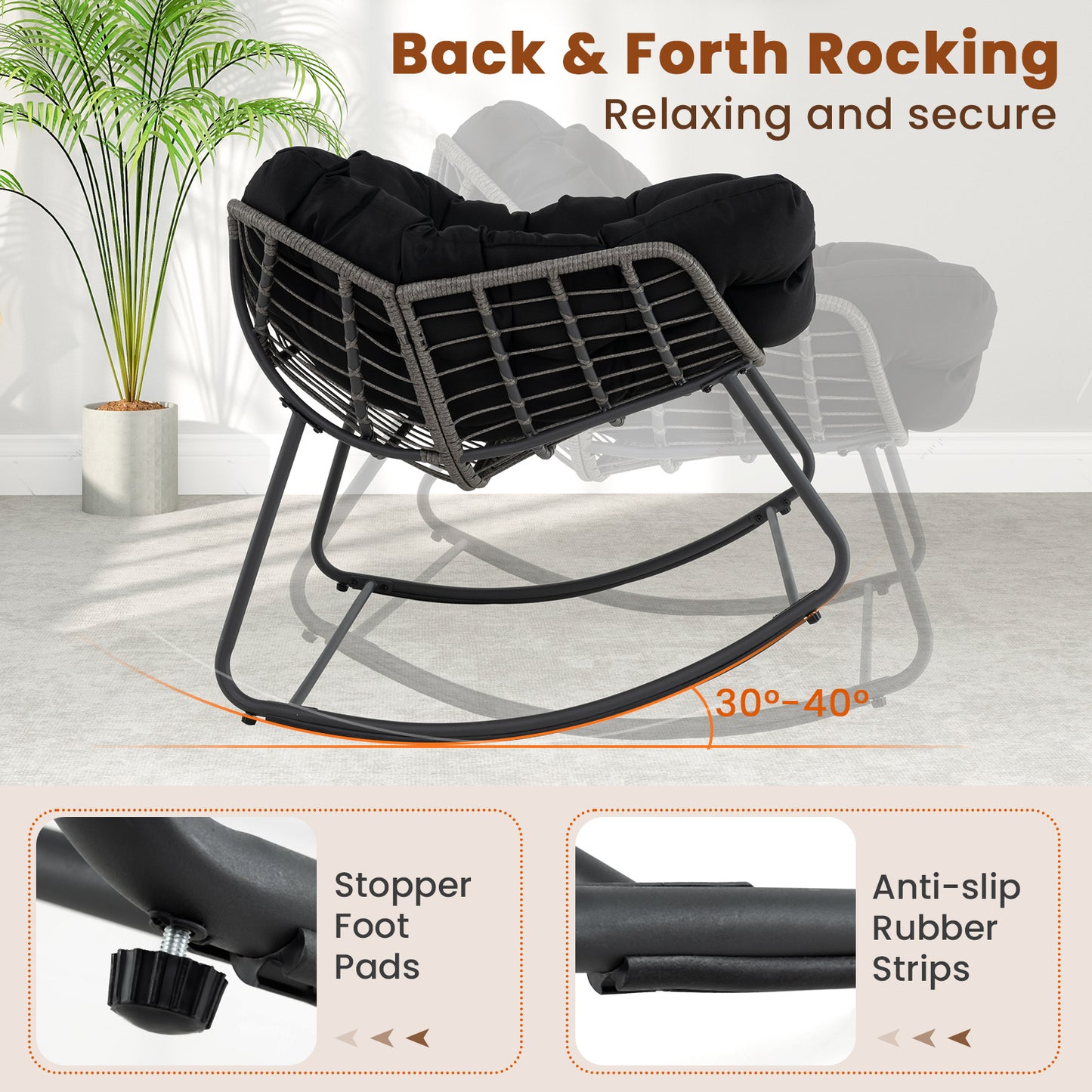 Outdoor Rocking Chair Oversized Patio PE Wicker Egg Chair with Cushion