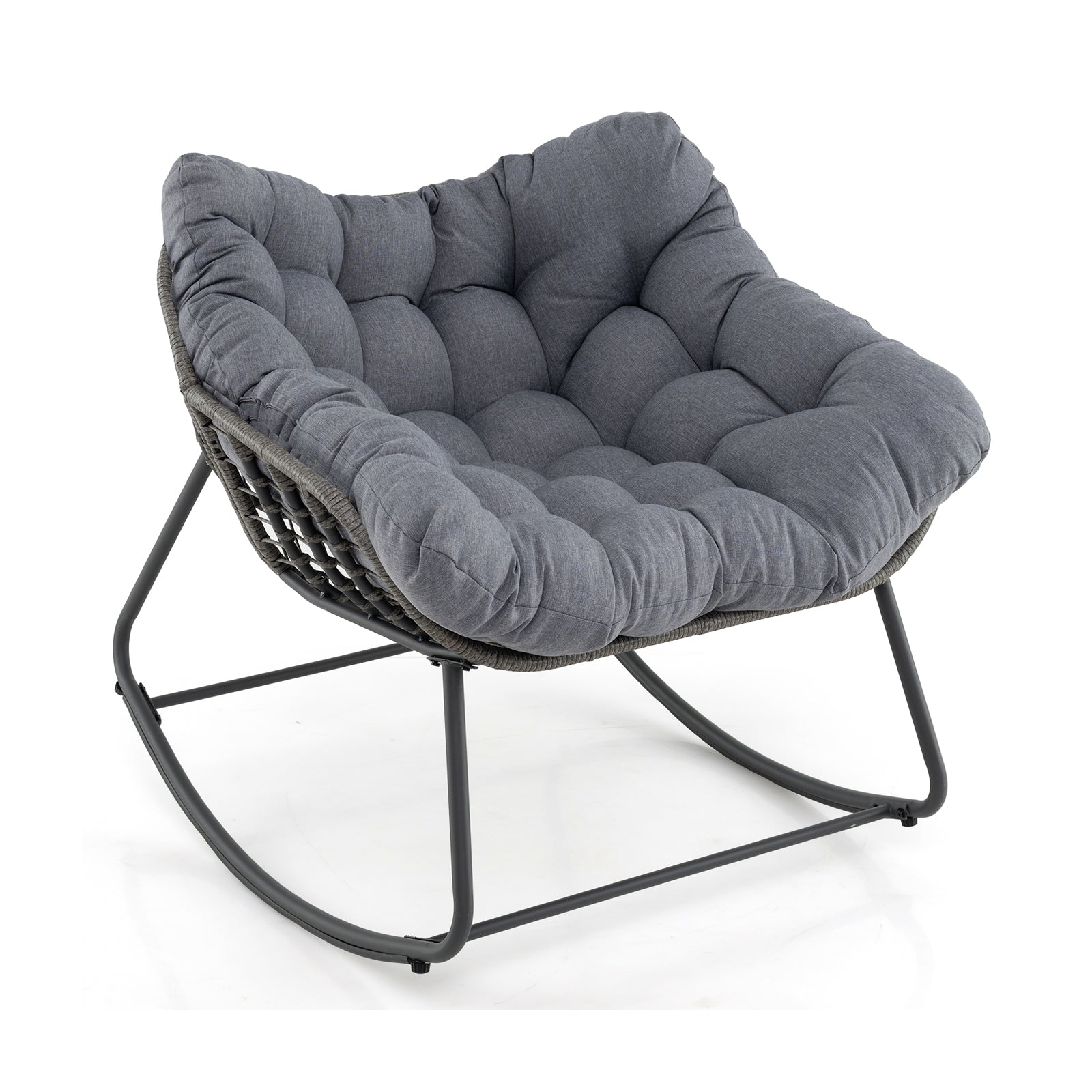 Outdoor Rocking Chair Oversized Patio PE Wicker Egg Chair with Cushion-Black - Gray