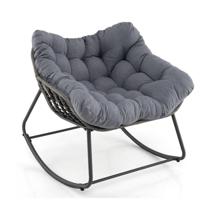 Outdoor Rocking Chair Oversized Patio PE Wicker Egg Chair with Cushion-Black - Gray