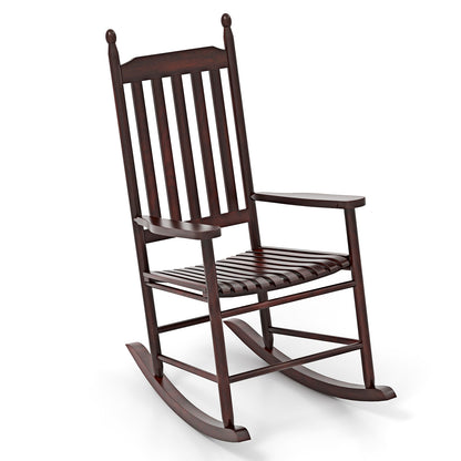 High-Back Acacia Wood Outdoor Rocking Chair with Solid Rocking Base-Black - Brown