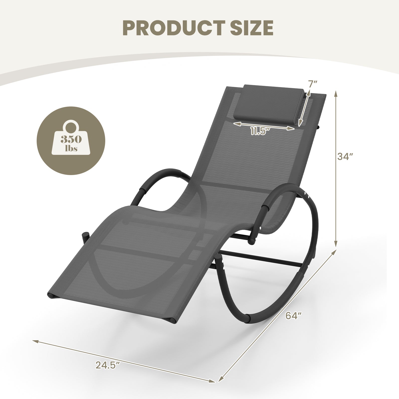 Outdoor Rocking Lounge Chair with Removable Headrest-Gray