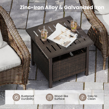 Outdoor Side Table All-Weather PE Wicker Patio Table with Umbrella Hole-Brown