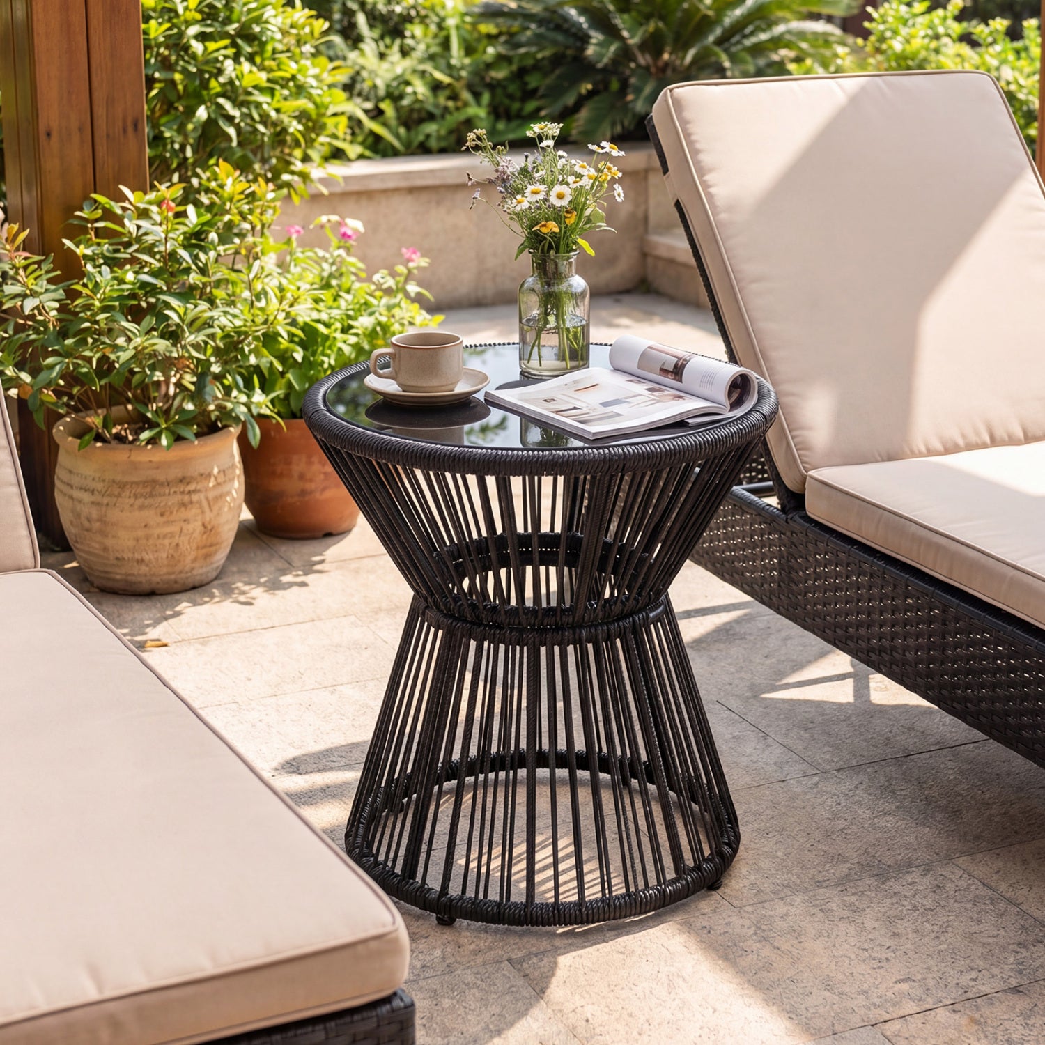 Outdoor Side Table with LED Warm Light and Tempered Glass Top