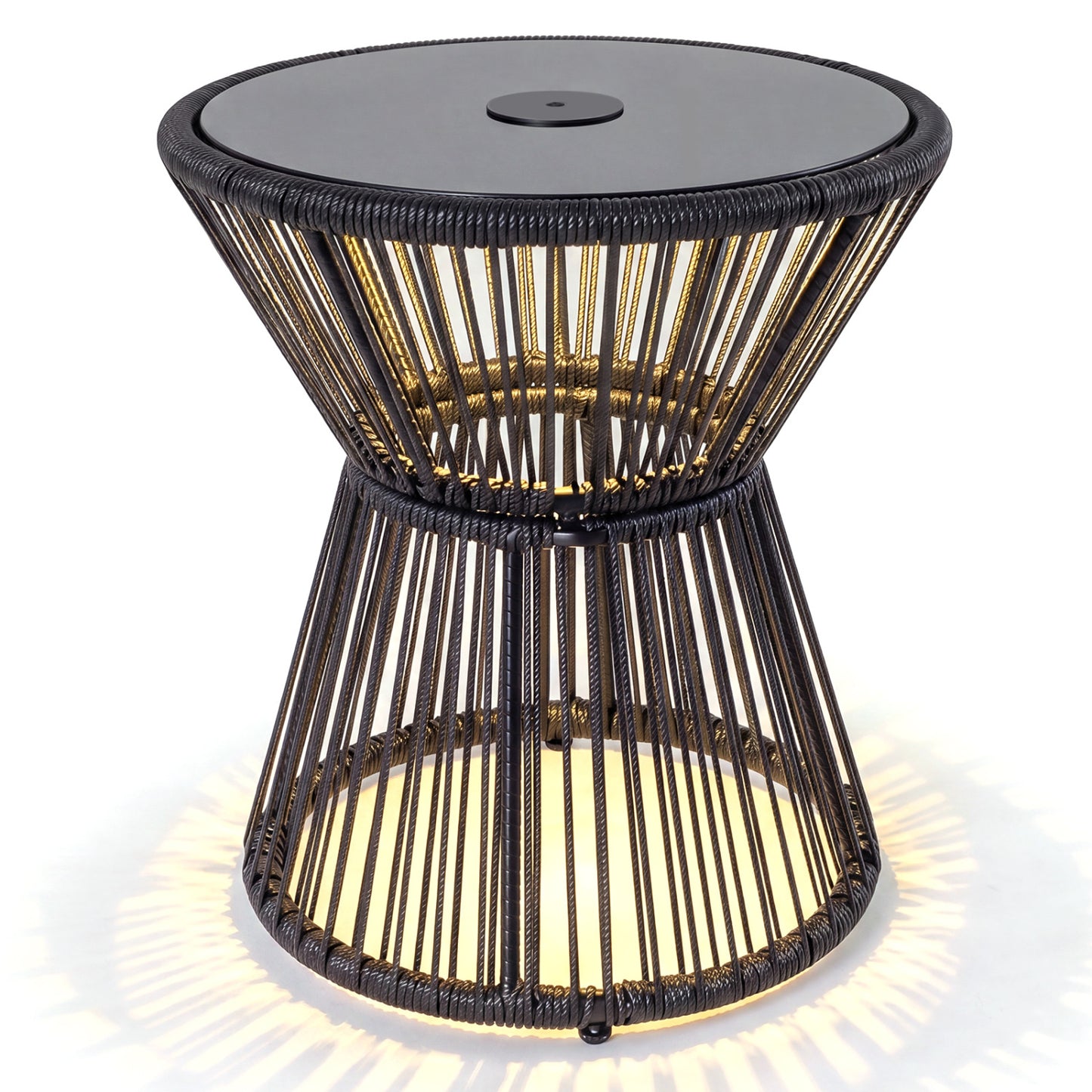 Outdoor Side Table with LED Warm Light and Tempered Glass Top