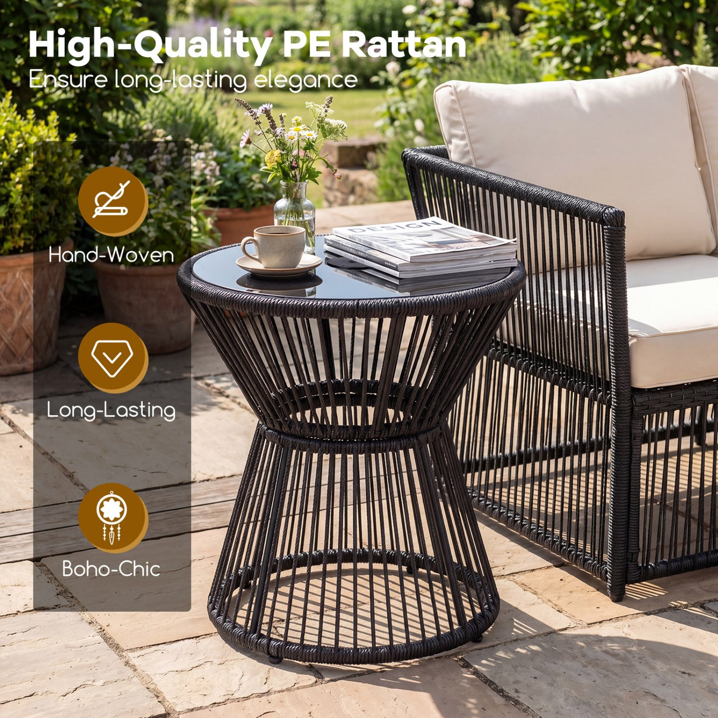 Outdoor Side Table with LED Warm Light and Tempered Glass Top