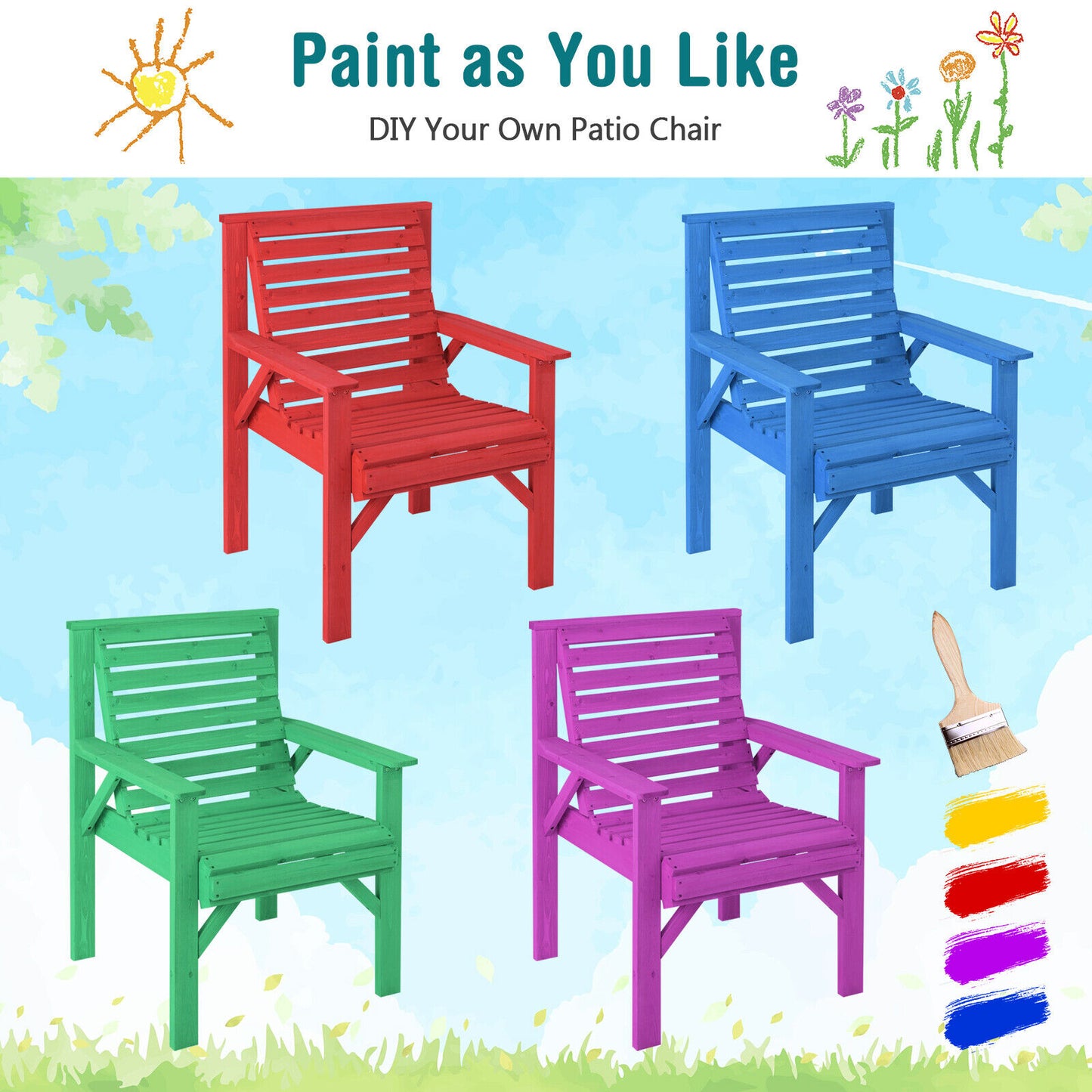 Outdoor Solid Fir Wood Chair with Inclined Backrest