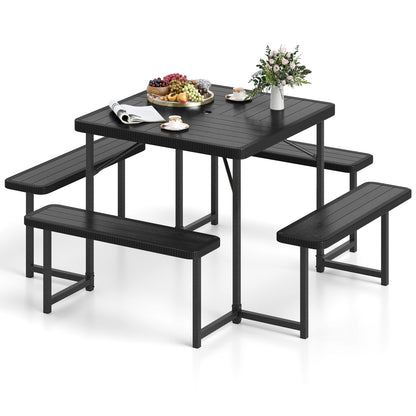 Outdoor Square Picnic Table Bench Set for 4-8 People with Umbrella Hole