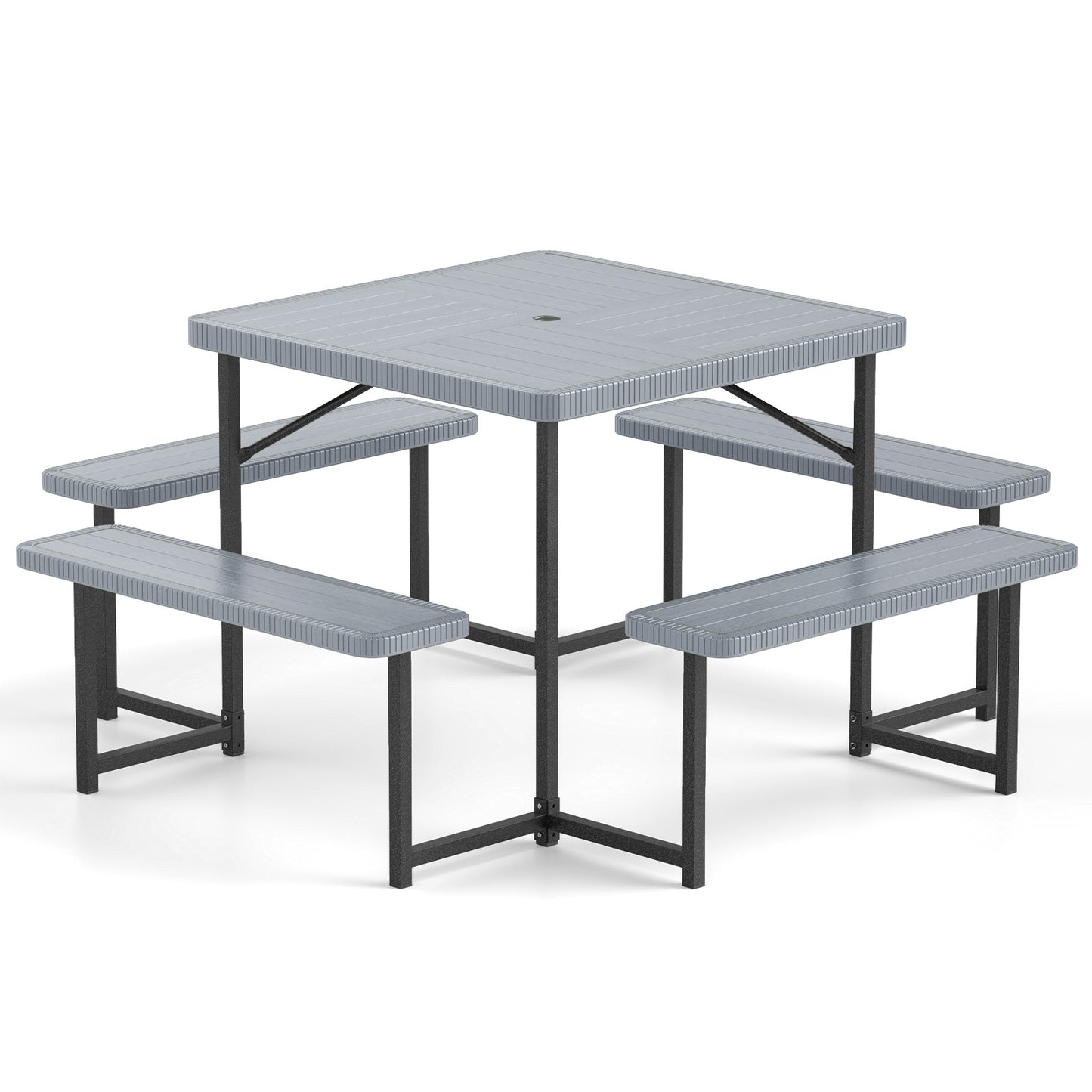 Outdoor Square Picnic Table Bench Set for 4-8 People with Umbrella Hole-Green - Gray
