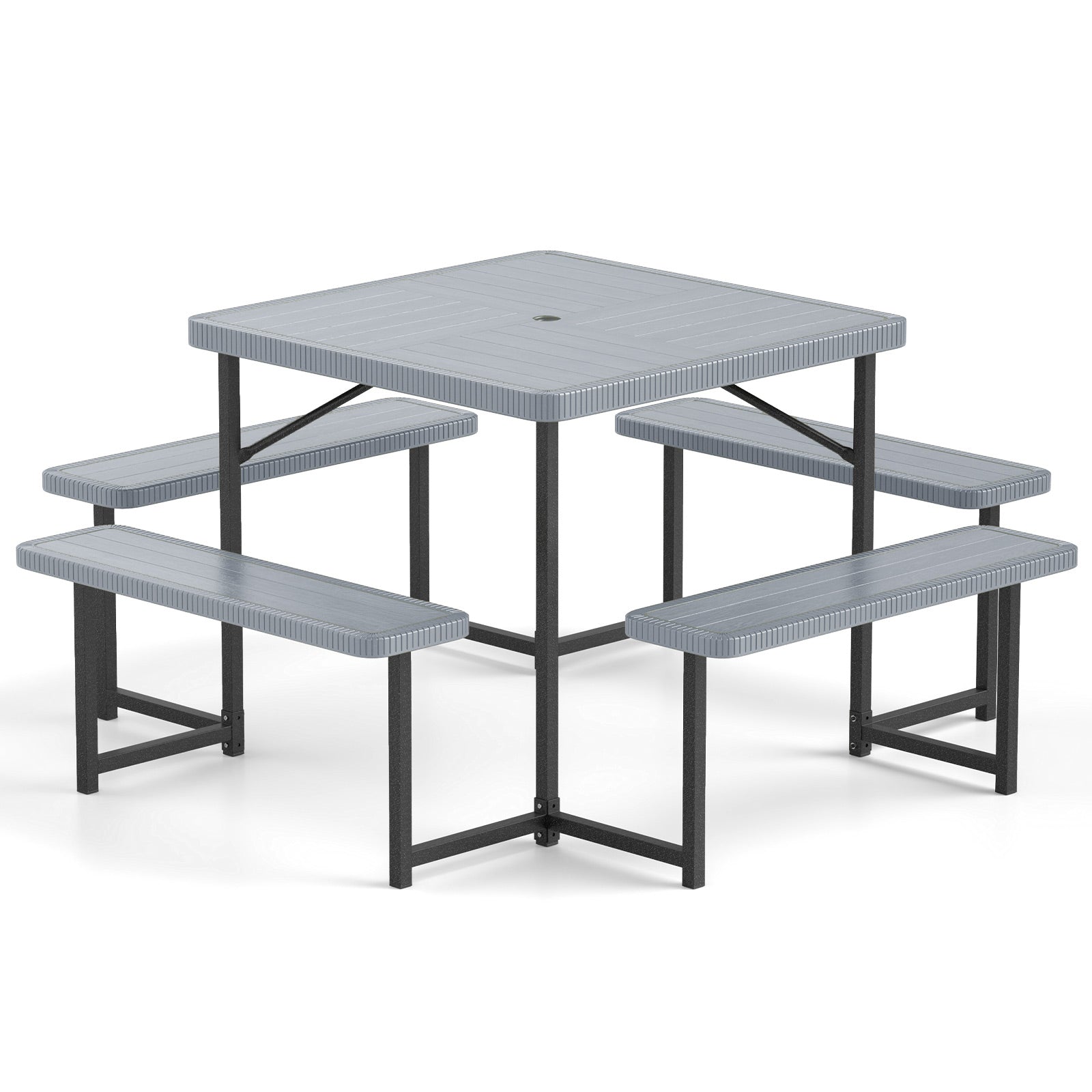 Outdoor Square Picnic Table Bench Set for 4-8 People with Umbrella Hole-Green - Gray