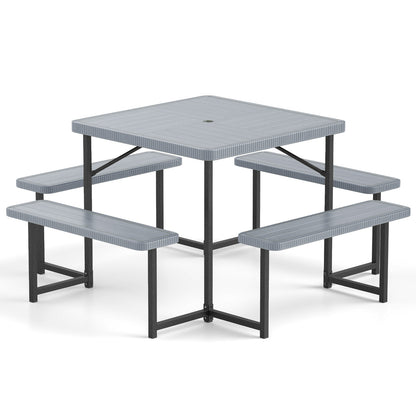 Outdoor Square Picnic Table Bench Set for 4-8 People with Umbrella Hole-Green - Gray