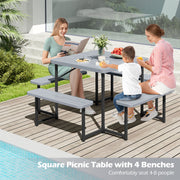 Outdoor Square Picnic Table Bench Set for 4-8 People with Umbrella Hole-Gray