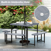 Outdoor Square Picnic Table Bench Set for 4-8 People with Umbrella Hole-Gray