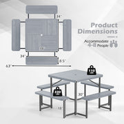 Outdoor Square Picnic Table Bench Set for 4-8 People with Umbrella Hole-Gray