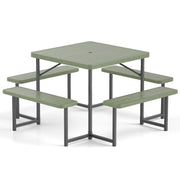 Outdoor Square Picnic Table Bench Set for 4-8 People with Umbrella Hole-Green