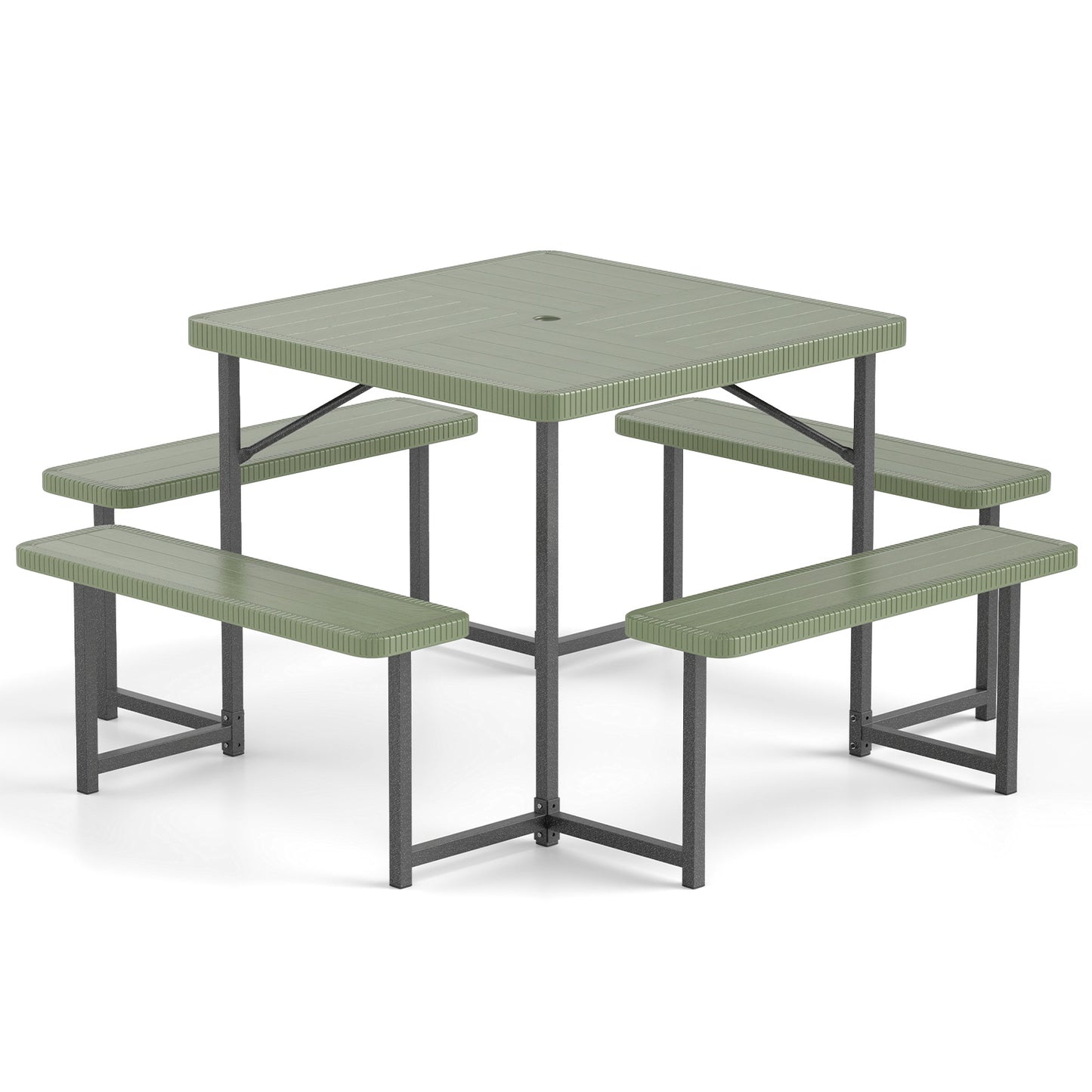 Outdoor Square Picnic Table Bench Set for 4-8 People with Umbrella Hole-Green - Green