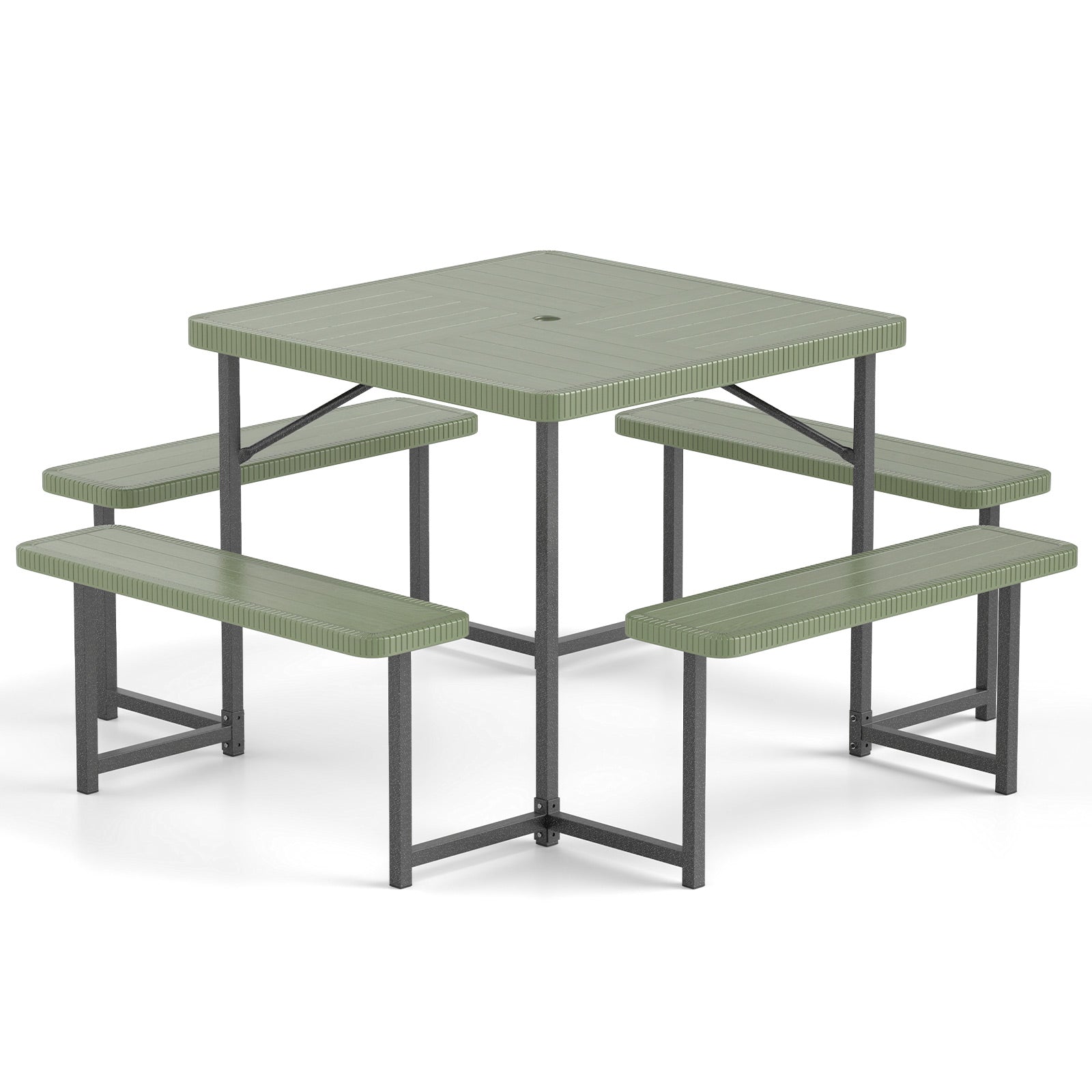 Outdoor Square Picnic Table Bench Set for 4-8 People with Umbrella Hole-Green - Green