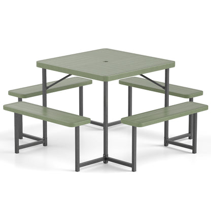Outdoor Square Picnic Table Bench Set for 4-8 People with Umbrella Hole-Green - Green